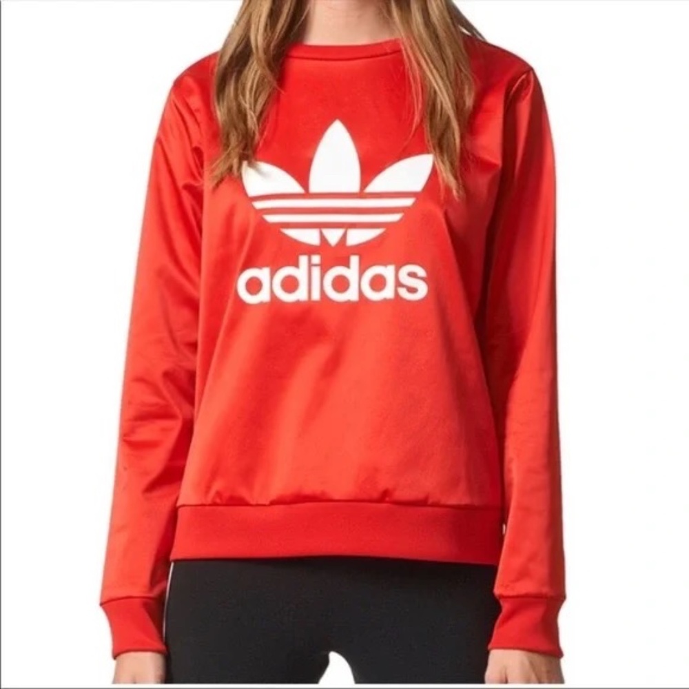 Adidas Originals Red Satin Crewneck Trefoil Pullover Retro Satin Women's Sz M